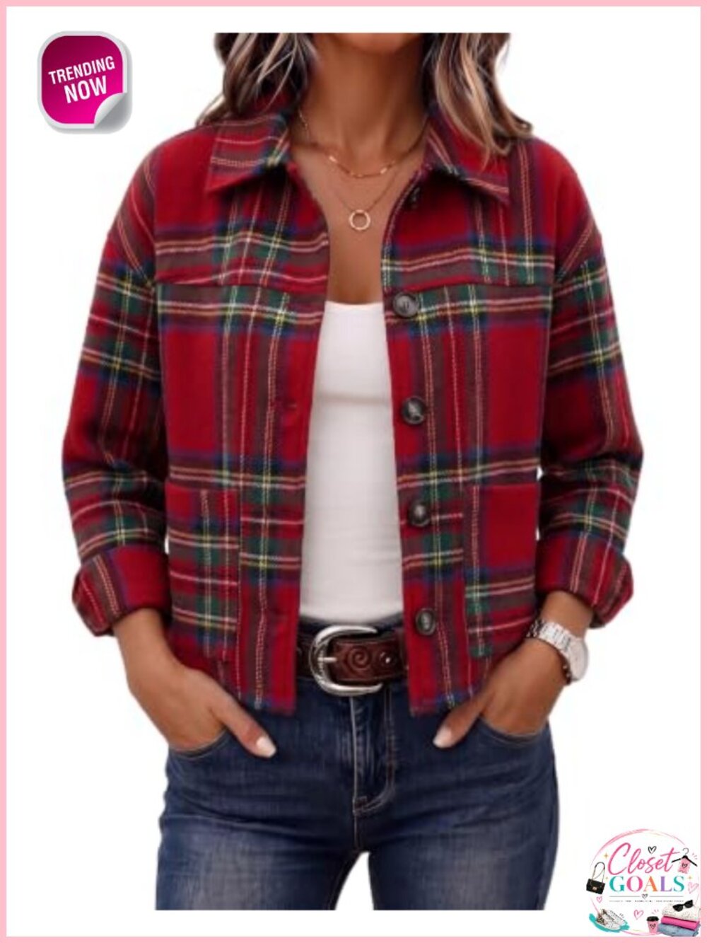 Women's Flannel Cropped Plaid Shacket Button Down Fall Jacket
